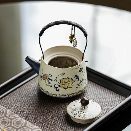 青花火石红缠枝莲提梁壶复古陶瓷茶壶家用一人饮茶具泡茶器