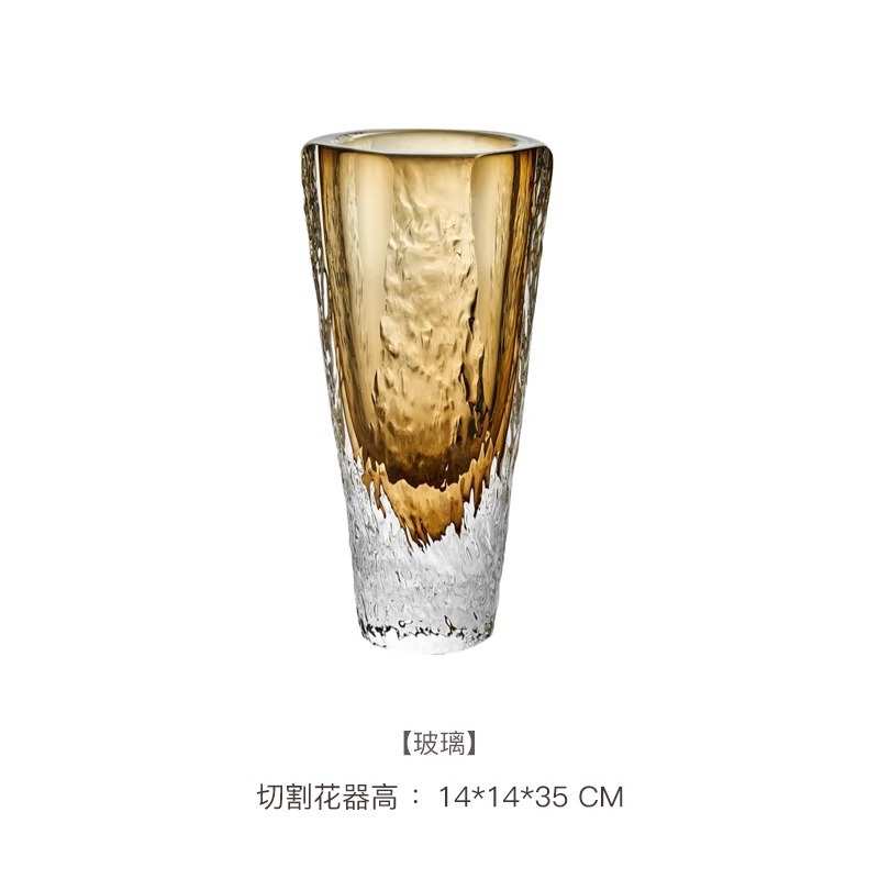 现代轻奢琥珀色切面三面高级琉璃花器套装样板间酒店玄关装饰品