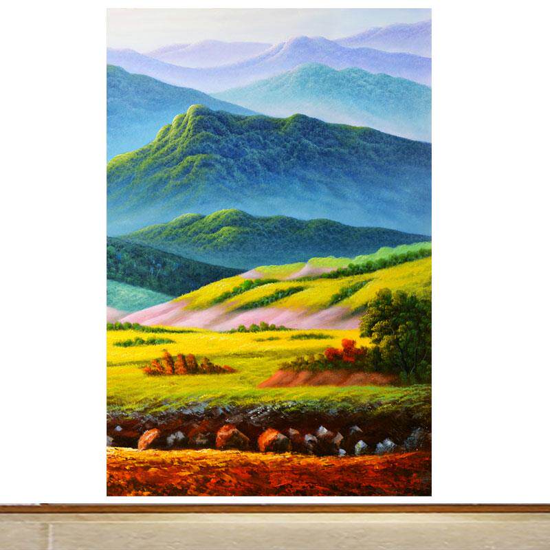 竖版高山靠山重叠山峰自粘贴纸画巨幅油画山水客厅背景墙装饰墙画