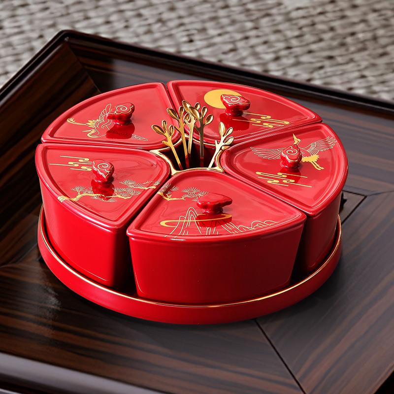 轻奢分格果盘摆件创意家用客厅办公室茶几装饰品新中式水果干果盘