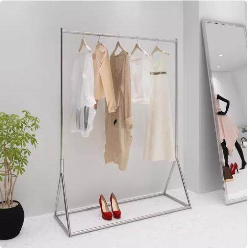 拉丝不锈钢服装店落地展示架女童装店创意银色挂衣杆衣服架子货架