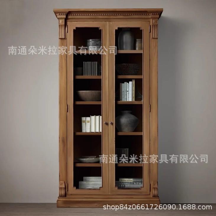 美式复古实木书柜带玻璃门实木双开门门餐边柜法式高端展示柜