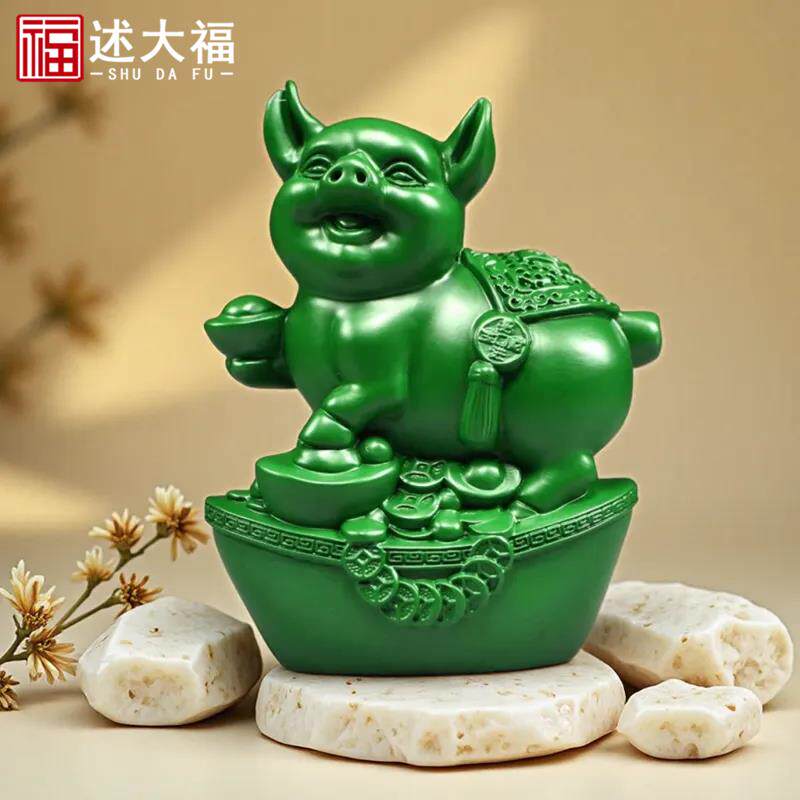 绿色实木质雕刻猪摆件十二生肖木头猪家居客厅补角装饰红木工艺品