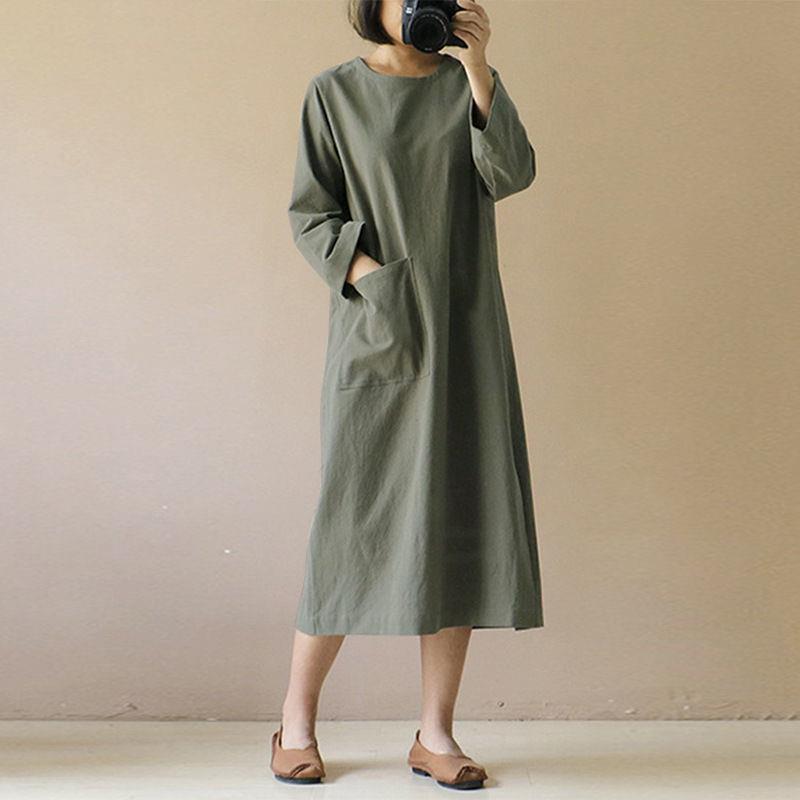Cotton and linen dress mid-length literary long sleeve plus