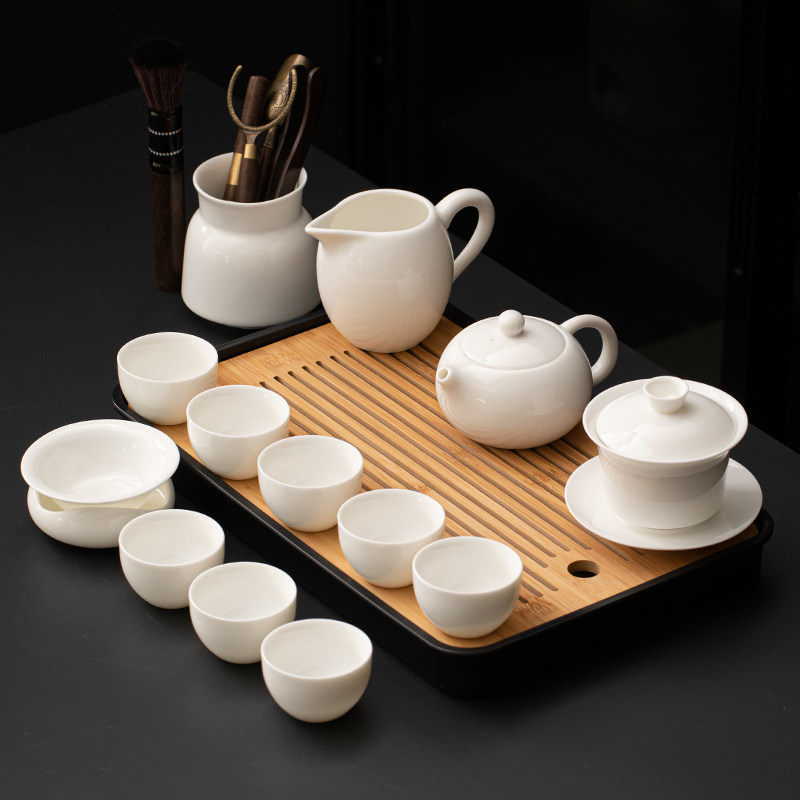 羊脂玉整套功夫茶具套组家用泡茶工具盖碗茶壶茶杯办公室干泡茶盘