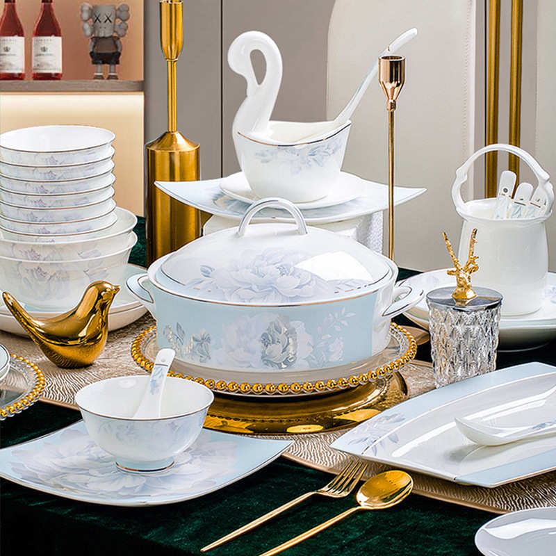 2023新款中式碗碟套装家用景德镇陶瓷餐具套装简约碗盘组合乔迁