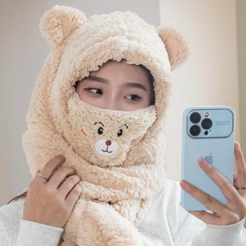 Bear-shaped mask hat, winter scarf all-in-one set for women,