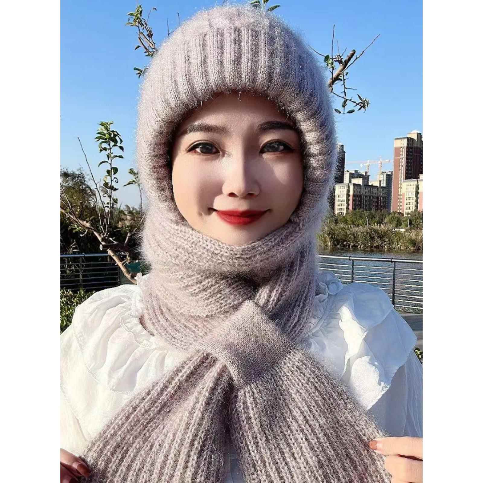 加绒加厚风雪帽保暖针织连一体围巾防寒风中老年女毛线帽子带围脖