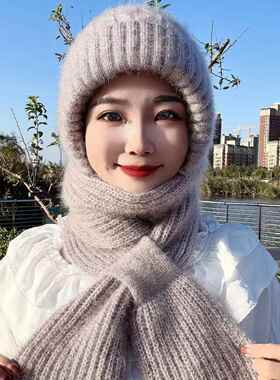 加绒加厚风雪帽保暖针织连一体围巾防寒风中老年女毛线帽子带围脖