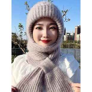加绒加厚风雪帽保暖针织连一体围巾防寒风中老年女毛线帽子带围脖