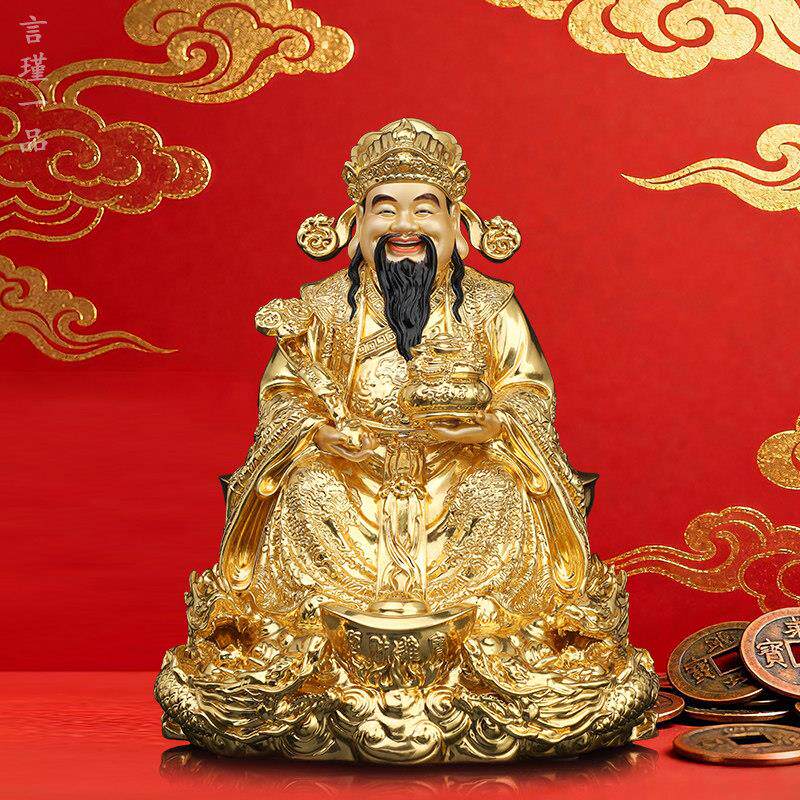 纯铜文财神九龙财神爷摆件店铺台湾鎏金办公室神像如意聚宝盆铜像