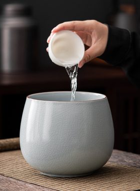 9WOR陶瓷汝窑水盂茶洗建水茶水缸哥窑茶桶家用复古功夫茶渣缸功夫