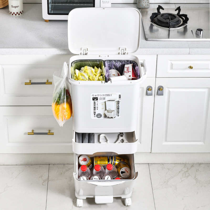 家用厨房垃圾桶高颜值创意大容量三层按压带盖干湿分类厨余垃圾桶