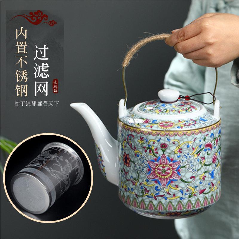 大容量陶瓷冷水壶家用老式茶壶中式青花瓷大号冷壶提梁壶带过滤网