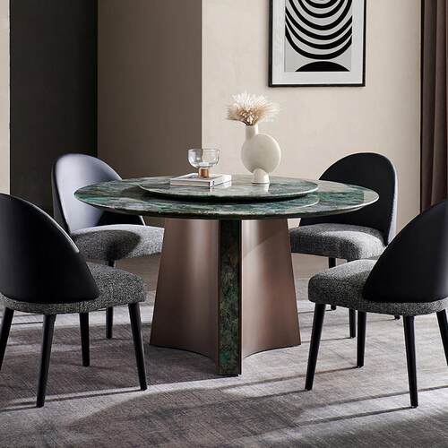 进口奢石巴西祖母绿天然大理石圆桌椅组合高档别墅餐厅圆形餐桌椅