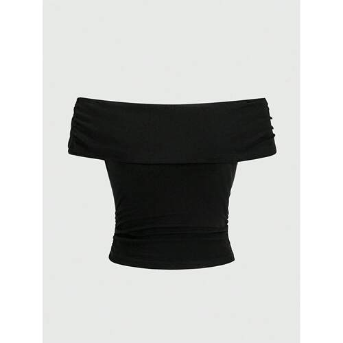 Sexy Off The Shoulder Fold Over Collar Pleated T-Shirt Women