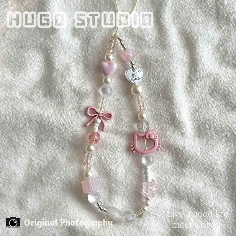 HUGO 小红书同款粉色KT猫蝴蝶结串珠手机链ccd相机包包手机壳挂绳