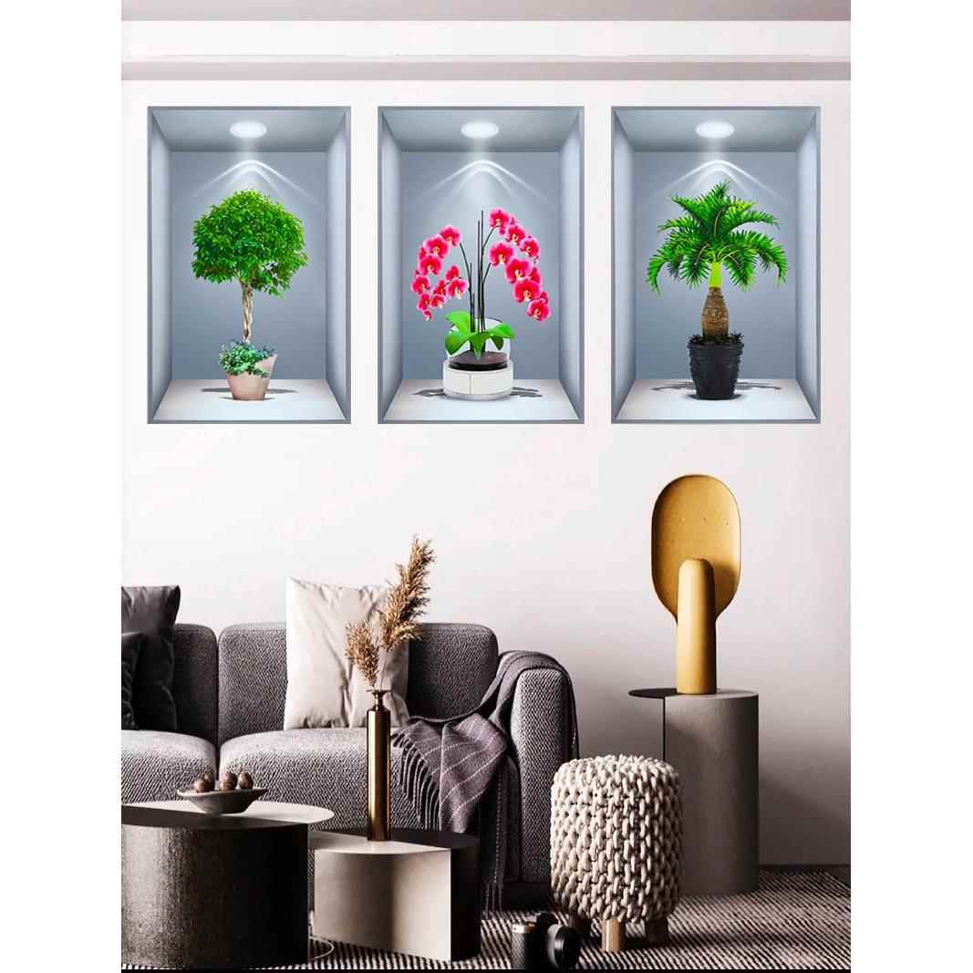 新款3D效果盆栽贴画餐厅客厅三联装饰画过道楼梯墙面立体壁画自贴