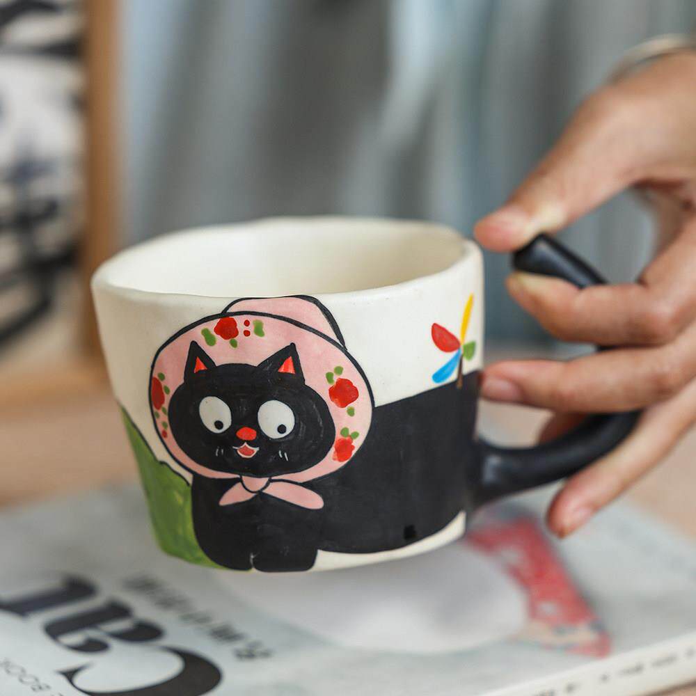陶瓷水杯子景德镇手绘高温釉下彩马克杯猫咪咖啡杯卡通可爱手捏杯