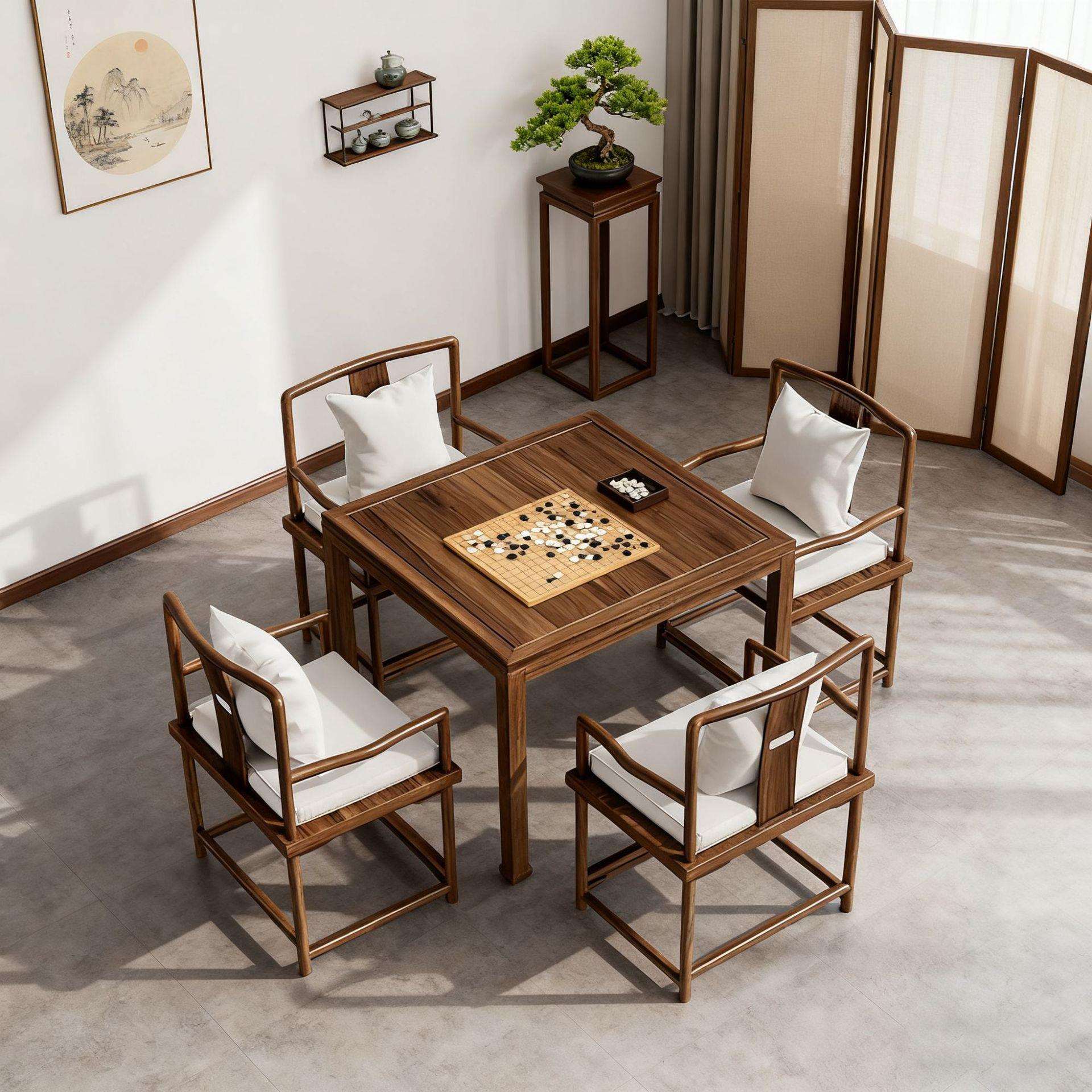 宋式美学家具八仙桌实木棋牌桌茶馆方桌组合中式阳台老榆木泡茶桌