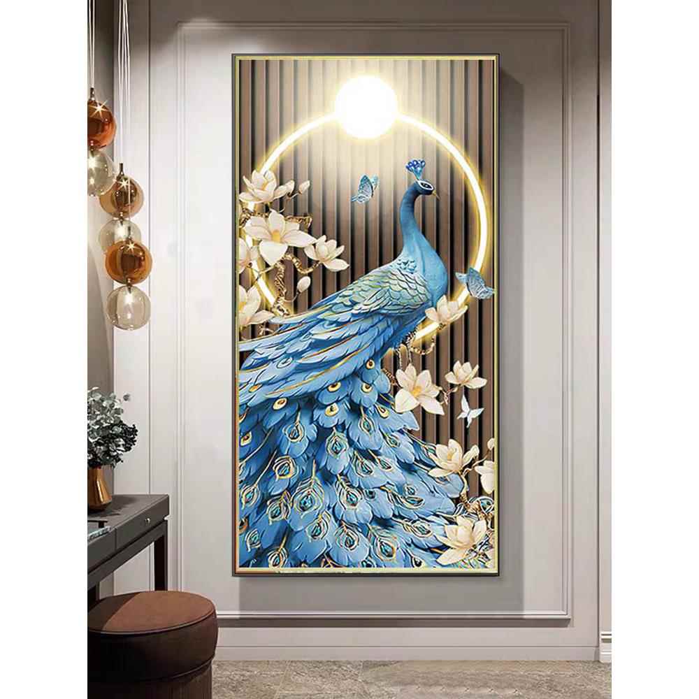 轻奢玄关过道晶瓷装饰画入户正对门客厅走廊卧室壁画竖版孔雀挂画