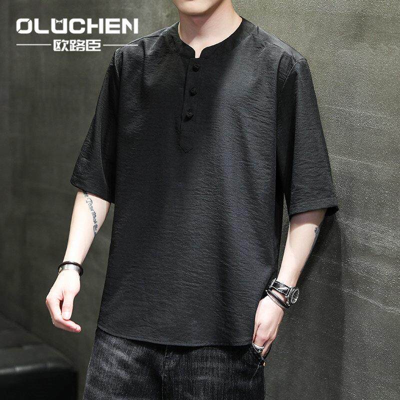 欧路臣中国风夏季薄款冰丝唐装短袖上衣男士中式休闲复古汉服T恤