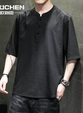 欧路臣中国风夏季薄款冰丝唐装短袖上衣男士中式休闲复古汉服T恤