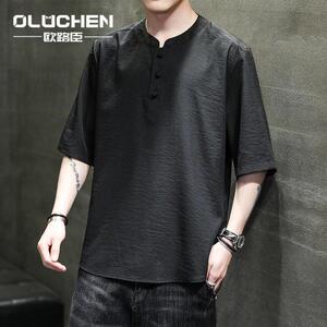 欧路臣中国风夏季薄款冰丝唐装短袖上衣男士中式休闲复古汉服T恤