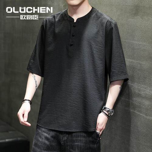 欧路臣中国风夏季薄款冰丝唐装短袖上衣男士中式休闲复古汉服T恤