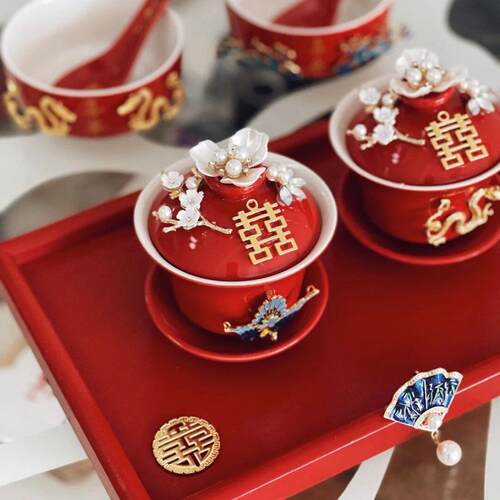 婚庆敬酒结茶具杯套装敬茶敬茶茶具红色碗敬茶用品杯子敬酒托盘喜 - 封面