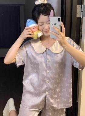高级感紫色冰丝睡衣套装女夏季2025新款短袖短裤彷真丝家居服套装
