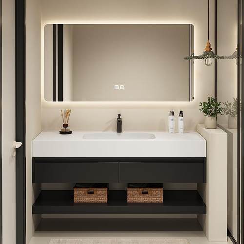 纯黑双层浴室柜卫生间洗漱台岩板无缝陶瓷盆洗手脸盆智能现代简约