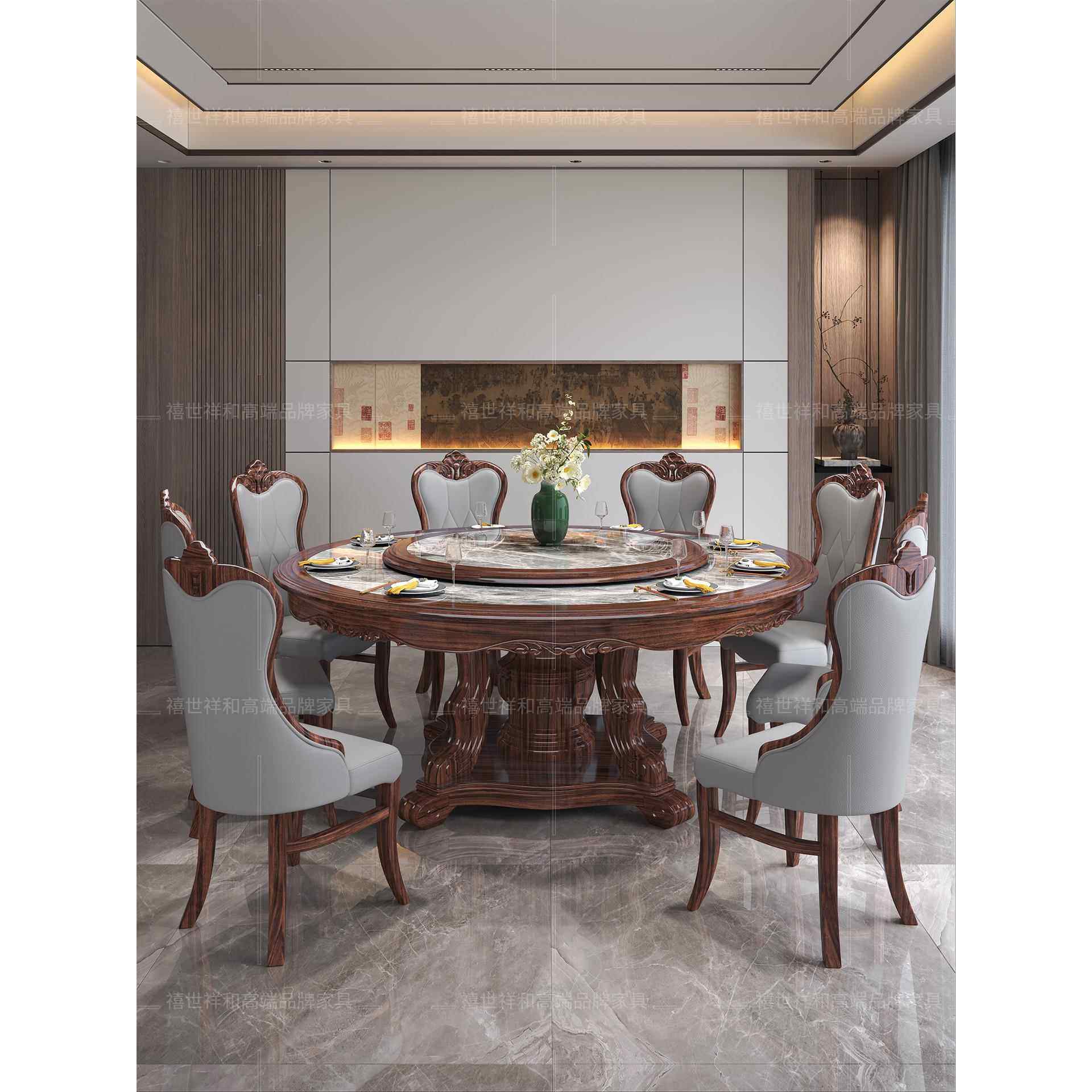 新中式岩板餐桌椅组合现代简约家用酒饭店实木高端圆桌带转盘饭桌,住宅家具,实木餐桌,淘宝优惠券,粉丝福利购,淘宝优惠卷