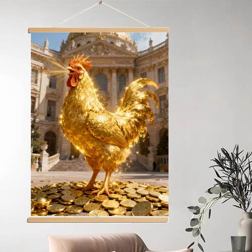 金鸡报晓招财卷轴挂画大公鸡镇宅雄鸡聚财喜庆玄关富贵动物装饰画