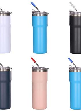 新款20oz直身台阶不锈钢保温杯双层真空吸管杯透明盖咖啡汽车杯