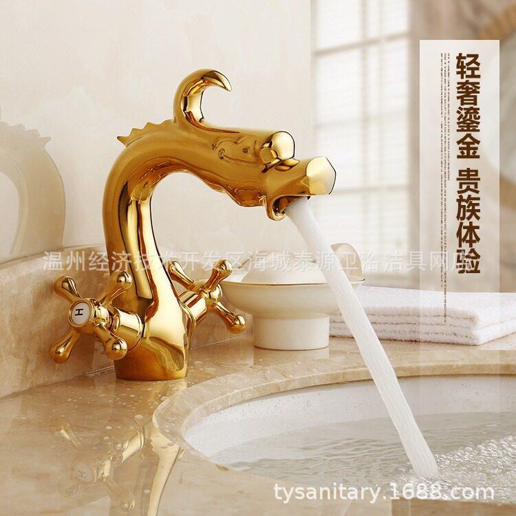 新款直销铜 金色翔龙艺术款冷热水龙头 双手轮金色面盆水龙头 外