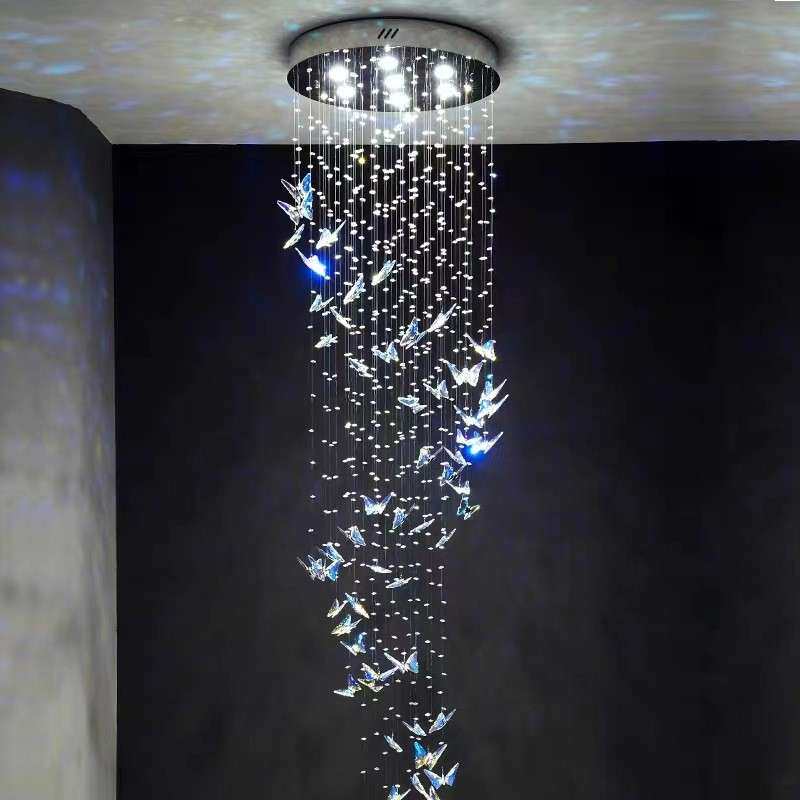 复式楼旋转楼梯长吊灯客厅中空别墅简约后现代酒店蝴蝶水晶装饰灯