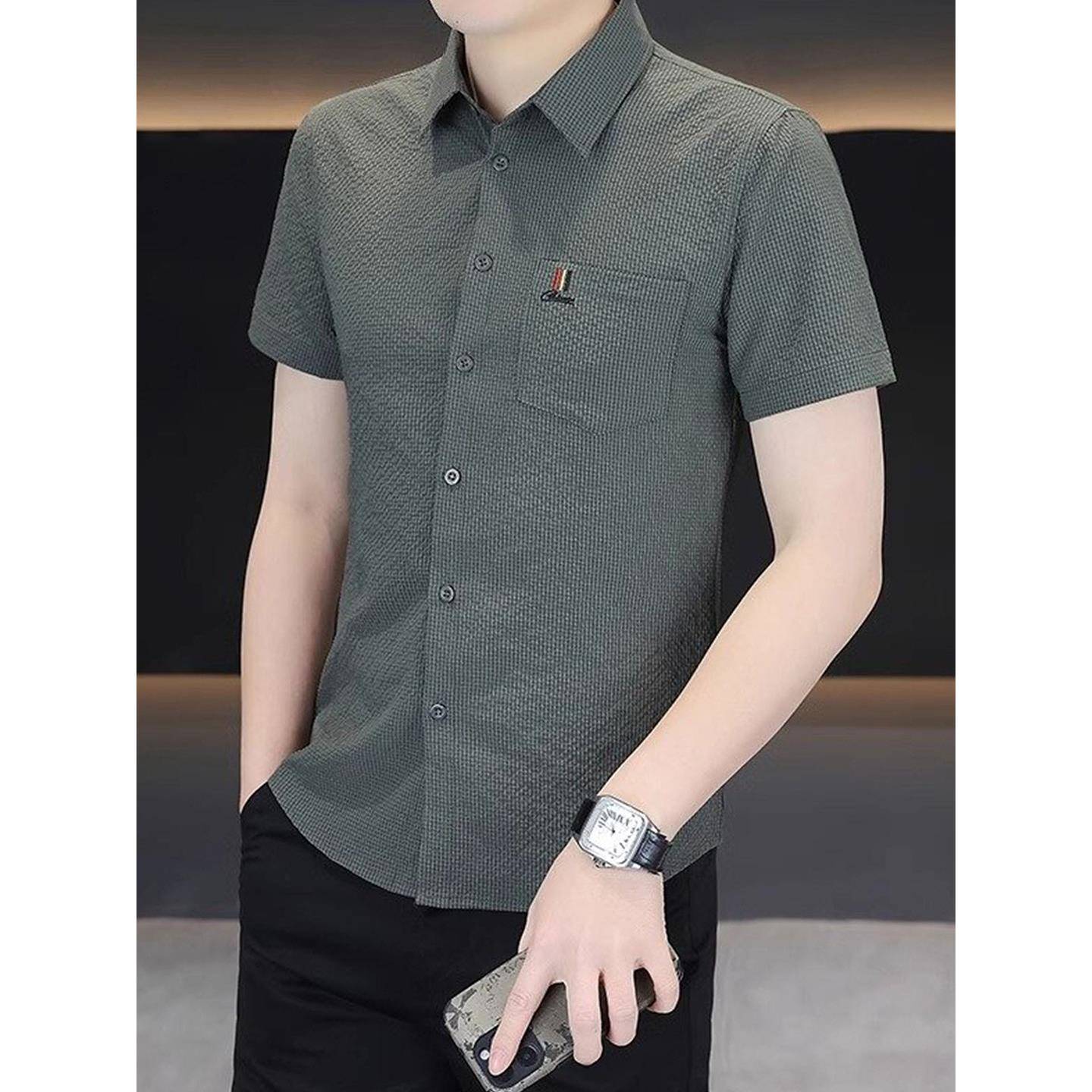 香港冰丝短袖衬衫男士寸衫2026年夏季新款休闲免烫泡泡格衬衣高端