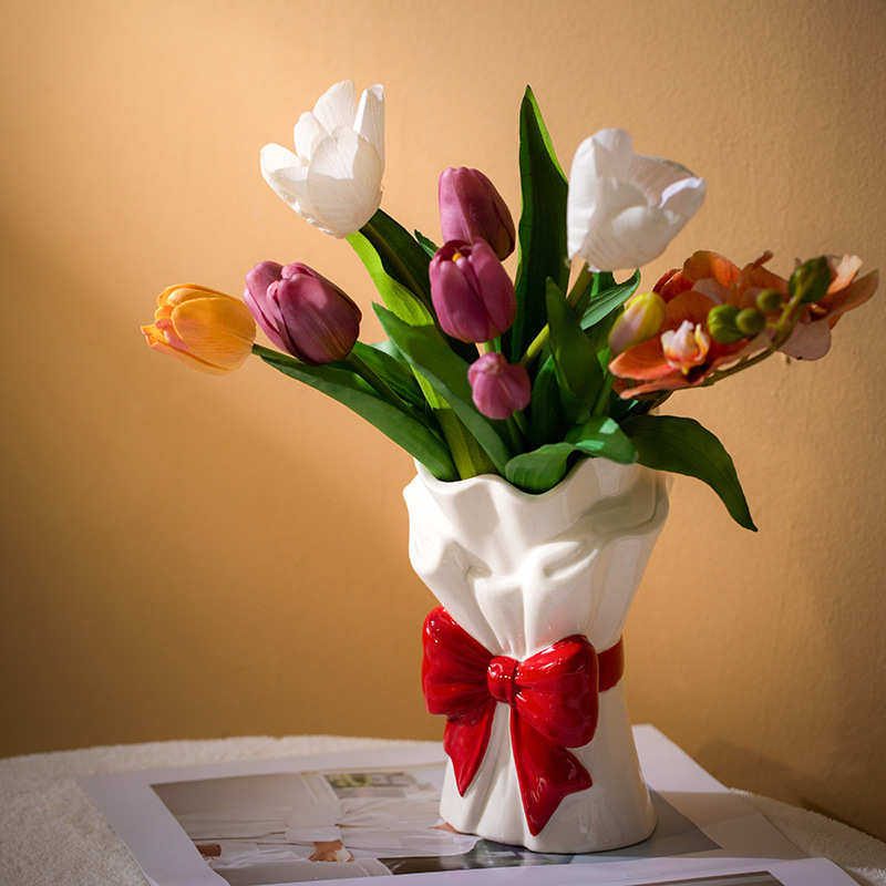 摆件手陶瓷花瓶捧蝴蝶结插花法式餐桌ins花瓶客厅花束陶瓷干花,家居饰品,花瓶,淘宝优惠券,粉丝福利购,淘宝优惠卷