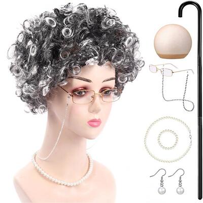 Middle aged Old Lady Halloween Wig Grey Grandma Curly Hair