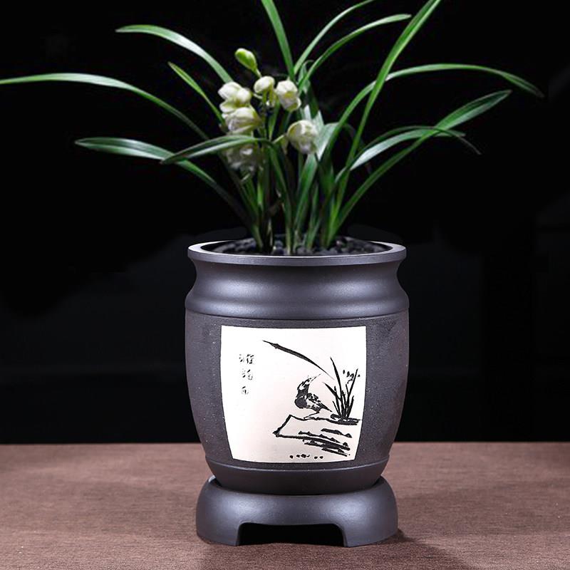 紫砂花盆兰花盆带托盘大号家用圆形拉毛盆君子兰陶瓷多肉透气花盆
