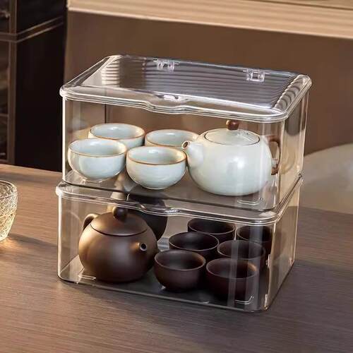 Dust-proof transparent tea set storage box with lid, suitabl