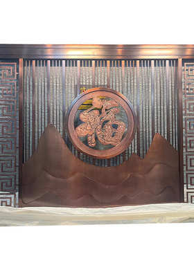 lmn酒店别墅室外庭院景墙客厅隔断玄关镂空花格中式福字不锈钢屏