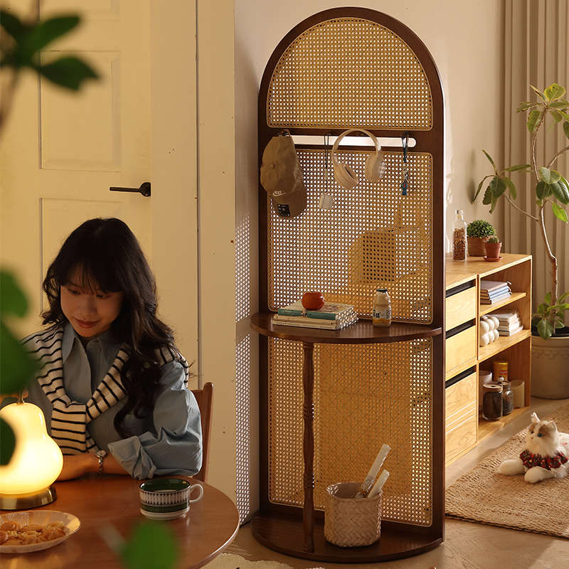 中法式实木藤编屏风隔断客厅卧室入户玄关正对门置物花架复古遮挡