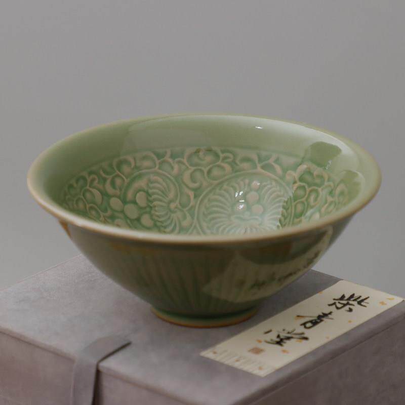 耀州窑橄榄青釉内印花团菊外刻花折扇青瓷覆古风宋式点茶碗米饭碗