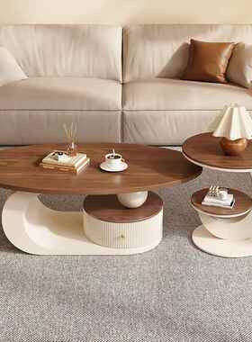 椭圆形茶奶风客厅家用小户型JOJ胡桃木油色茶桌边奢几组几合轻新