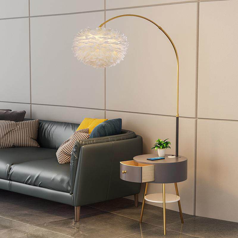 北欧羽毛落地灯卧室床头柜一体实木客厅沙发边几双层立式落地灯具