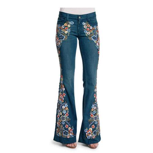 Ladies' denim pants embroidered slimming flared