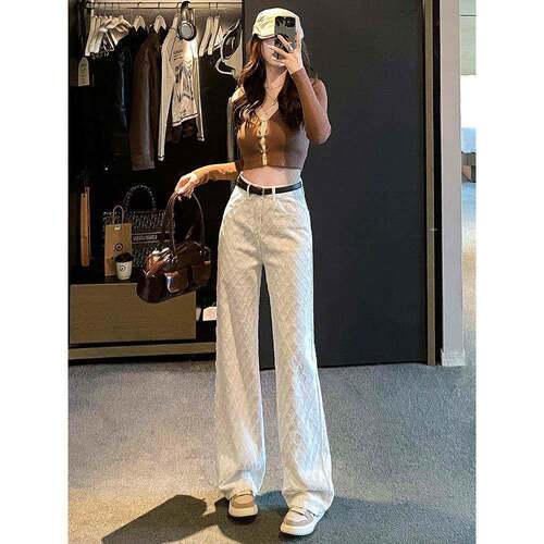 白色牛仔裤女GUB窄版直筒长宽裤子秋季地编织感休阔腿裤高腰松拖