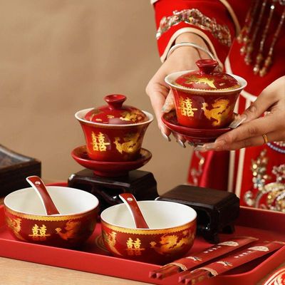现货速发改口敬茶杯结婚套装一对盖碗筷红色喜庆喜碗陪嫁茶具婚礼
